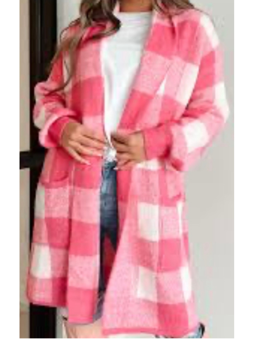 Women's Fate Plaid Cardigan Sweater Pink White Size S